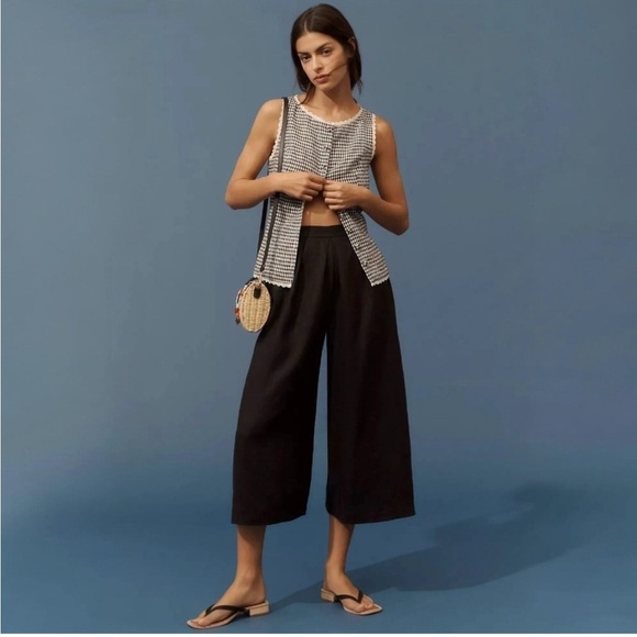 NWT ANTHROPOLOGIE Black Wide Leg Cropped Linen Pant, XL - Picture 2 of 10